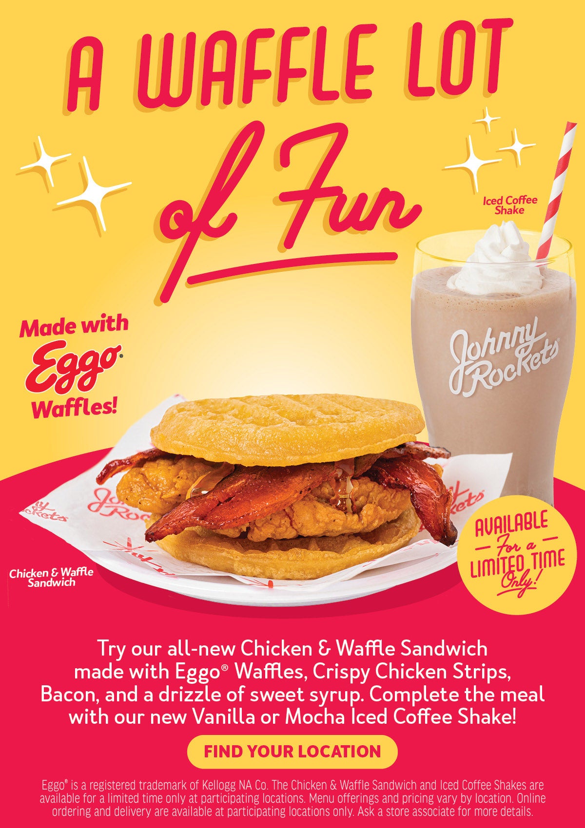 Try Our All-New Chicken & Waffle Sandwich and Iced Coffee Shakes!