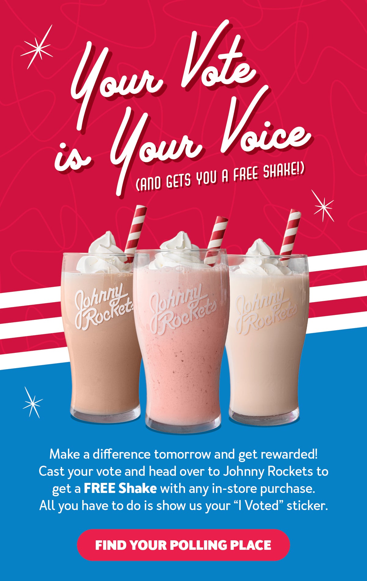 Your Vote is Your Voice. (And gets your a free shake!). Make a difference and get rewarded! Cast your vote and head over to Johnny Rockets to get a FREE Shake with any in-store purchase. All you have to do is show us your I Voted sticker. Find Your Polling Place.