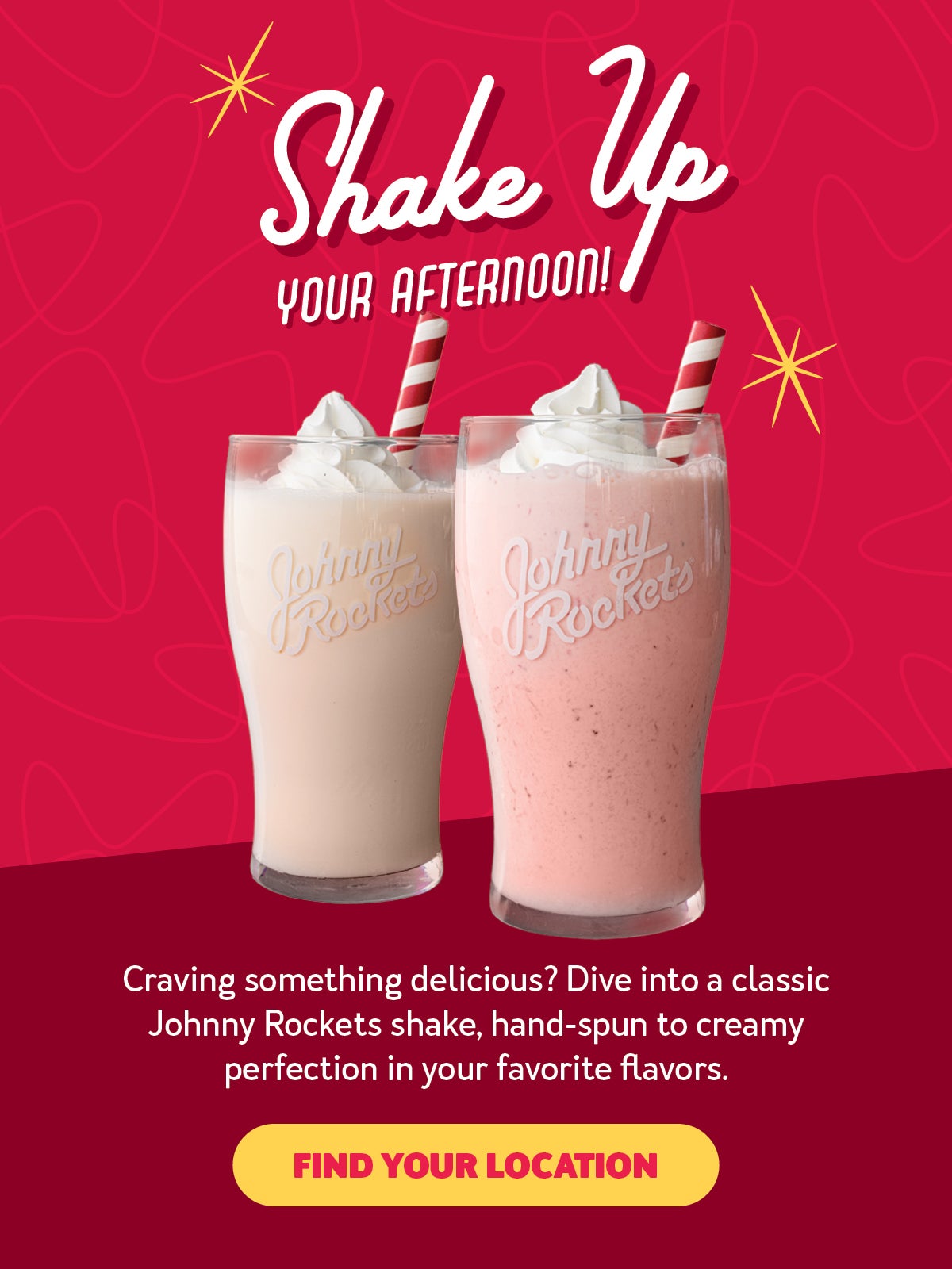 Shake up your afternoon! Craving something delicious? Dive into a classic Johnny Rockets shake, hand-spun to creamy perfection in your favorite flavors. Find your location.