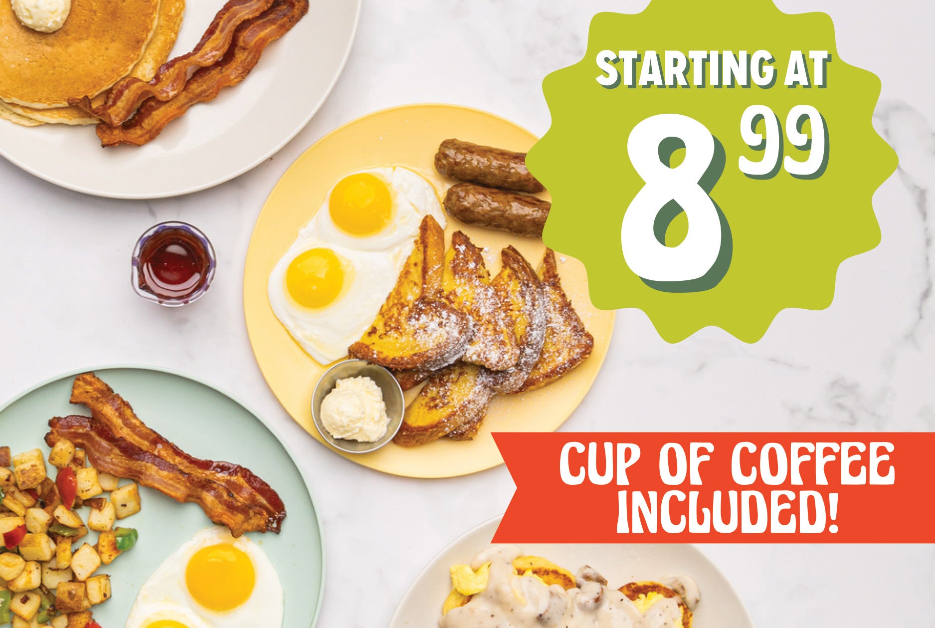 Starting at 8.99, cup of coffee included!